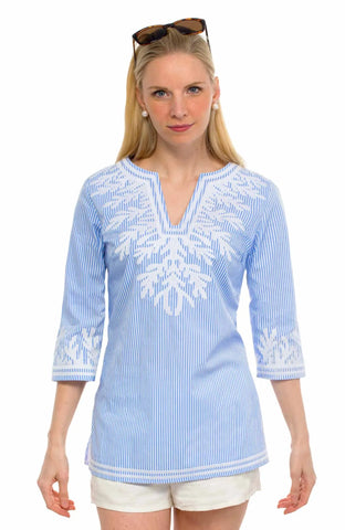 The Reef Cotton Embroidered Tunic | Periwinkle/White