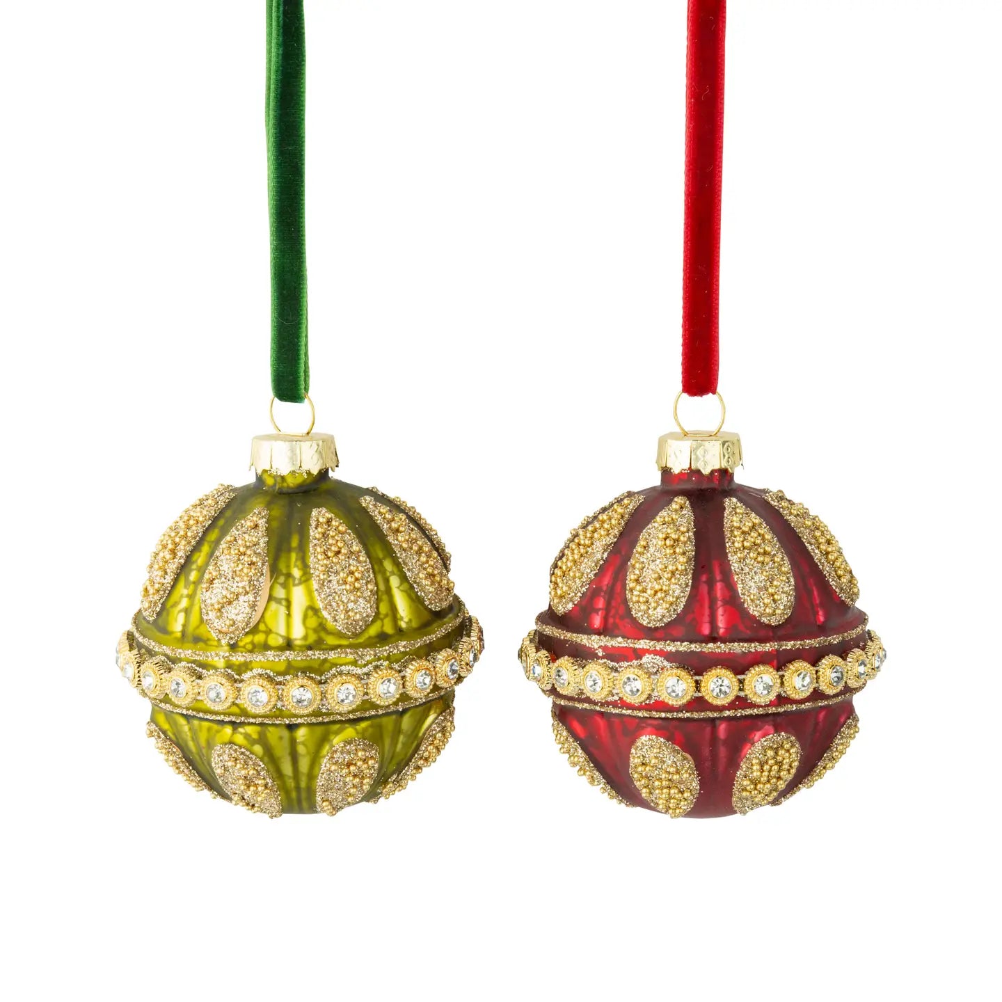Glass Ball Ornament | Matte Red and Green with Gold Beads and Diamate Center Bands