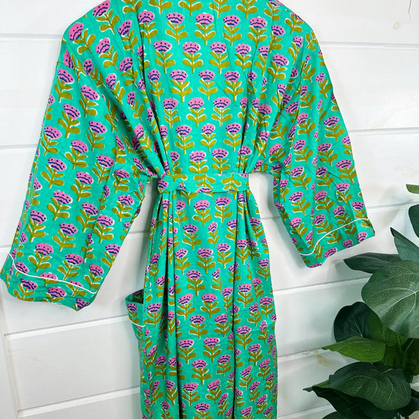 Aqua Floral Block Printed Robe