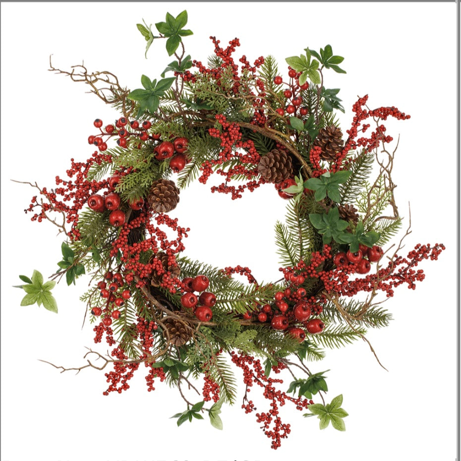 24" Berry/Pine Cone/ Pine + Berry Wreath