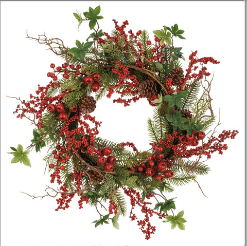 24" Berry/Pine Cone/ Pine + Berry Wreath
