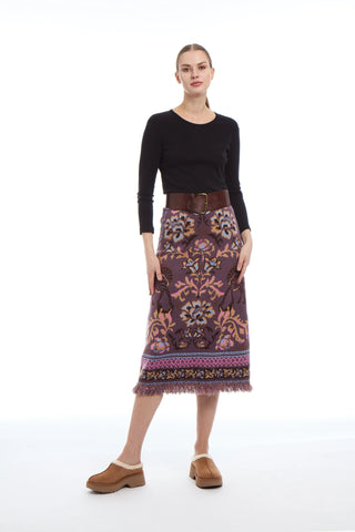 Camille Knit Fringe Skirt | Mocha Jacquard