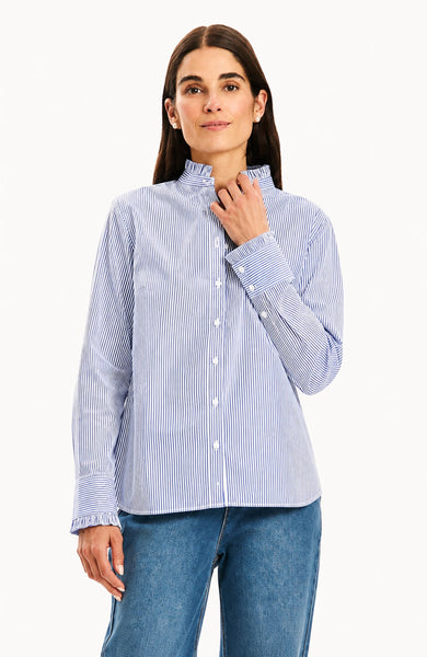 Peggy Ruffle Stripe Shirt | Navy