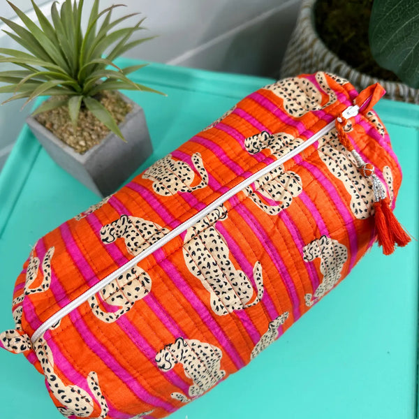 Block Printed Jaguar Quilted Cosmetic Bag