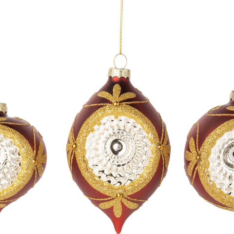 Glass Reflector Ornament | Matte Red and Gold Glitter Vintage Pattern