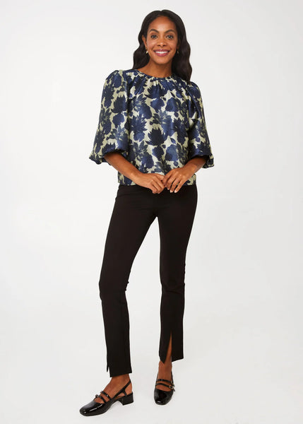 Hadley Top Ivory and Navy Floral Silhouette Jacquard