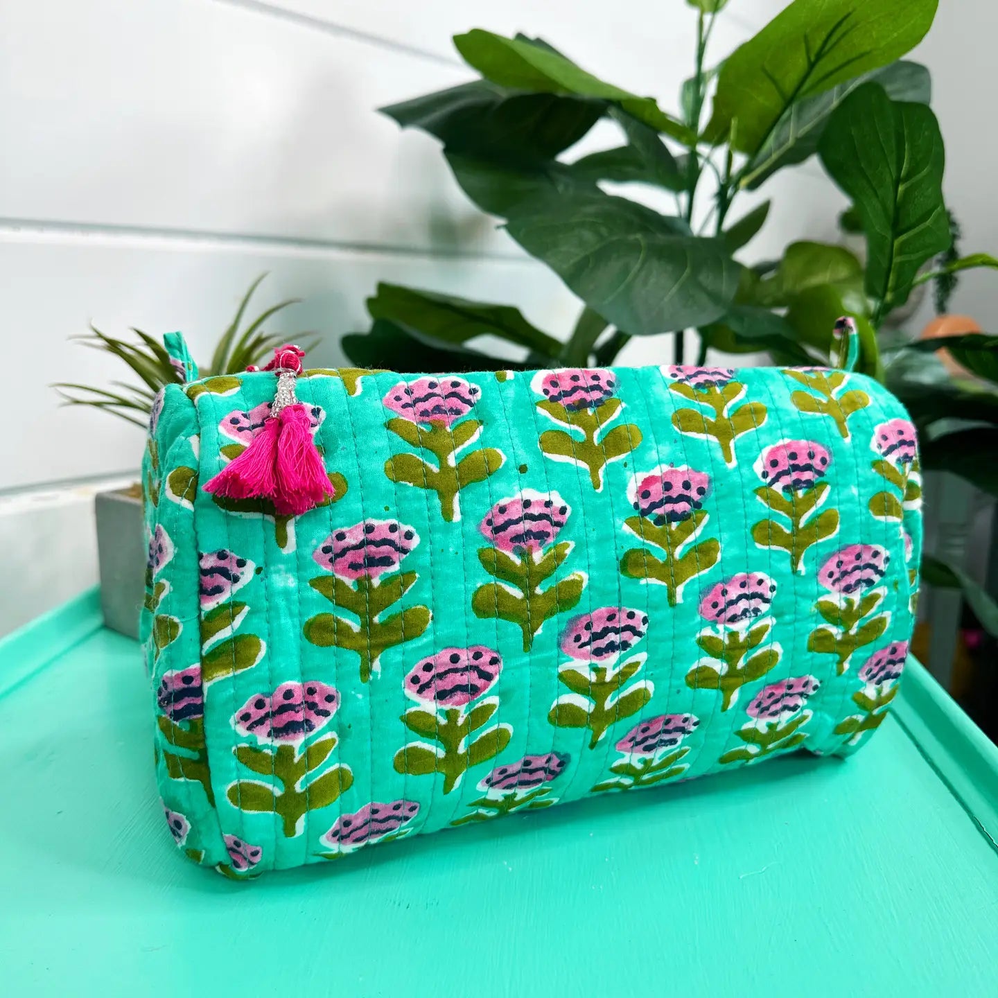 Block Printed Aqua Floral Quilted Cosmetic Bag