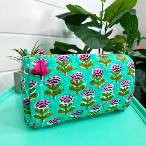 Block Printed Aqua Floral Quilted Cosmetic Bag