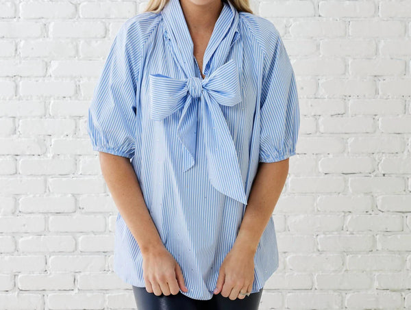 Ryan Bow Sparkle Top | Oxford Stripe