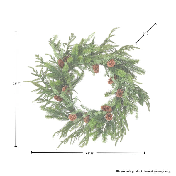 Faux 24" Deep Woods Mix Greens with Cones Wreath