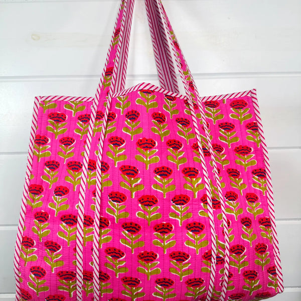 Block Printed Hot Pink Floral Large Quilted Tote Bag