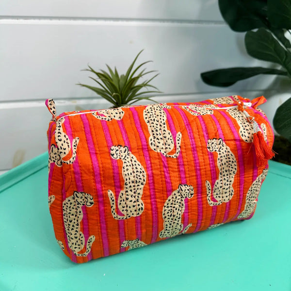 Block Printed Jaguar Quilted Cosmetic Bag
