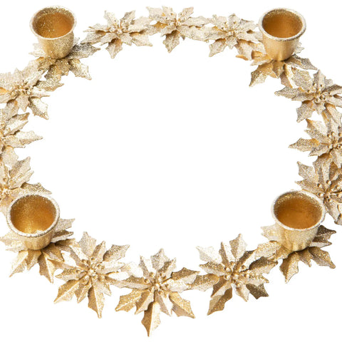 Gold Glittered Metal Poinsettia Taper Candle Ring