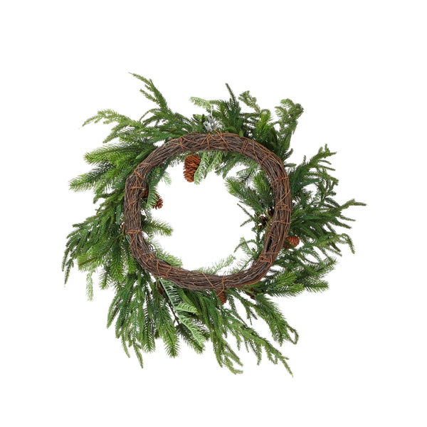 Faux 24" Deep Woods Mix Greens with Cones Wreath
