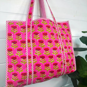 Block Printed Hot Pink Floral Large Quilted Tote Bag