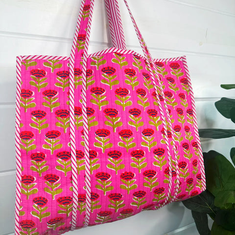 Block Printed Hot Pink Floral Large Quilted Tote Bag