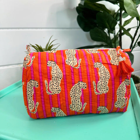 Block Printed Jaguar Quilted Cosmetic Bag