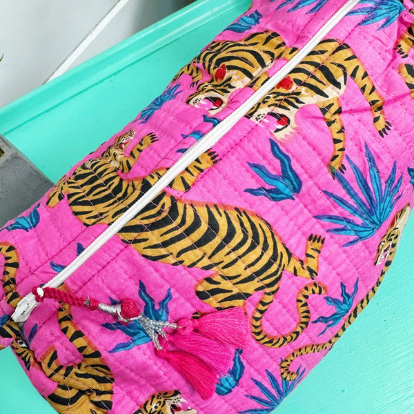 Block Printed Pink Tiger Quilted Cosmetic Bag