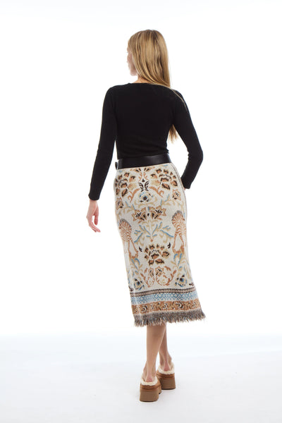 Camille Knit Fringe Skirt | Ecru Jacquard