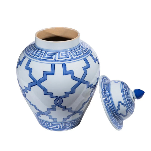 Blue & White Greek Key Grids Temple Jar | Small