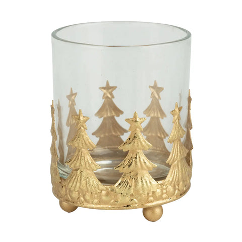 Stamped Metal Votive Holder with Glass Hurricane + Gold Foil Trees