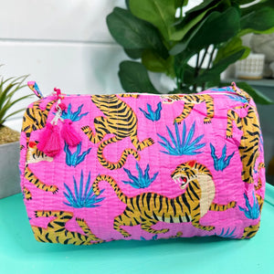 Block Printed Pink Tiger Quilted Cosmetic Bag