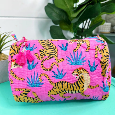 Block Printed Pink Tiger Quilted Cosmetic Bag