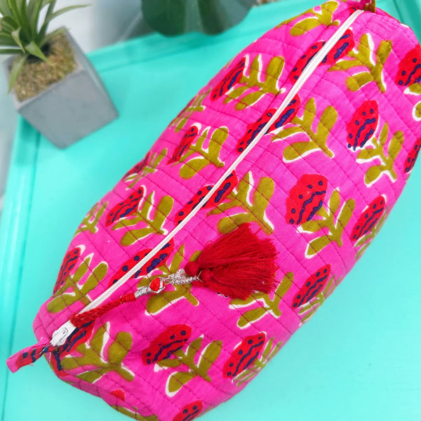 Block Printed Hot Pink Floral Quilted Cosmetic Bag