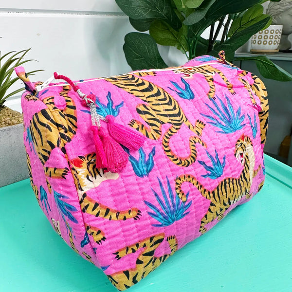 Block Printed Pink Tiger Quilted Cosmetic Bag
