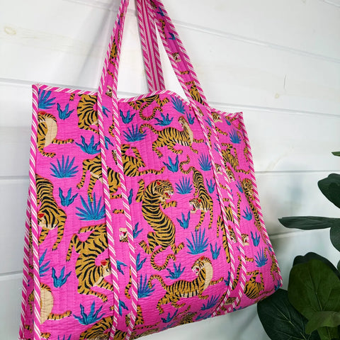Block Printed Hot Pink Tiger Large Quilted Tote Bag