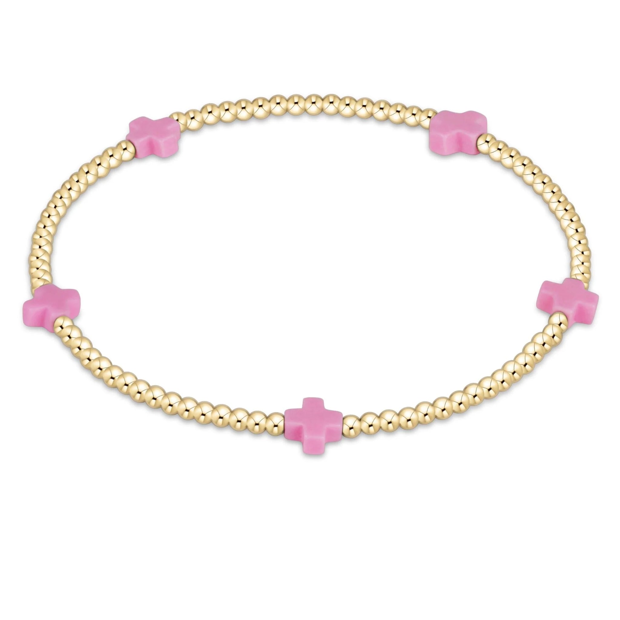 Signature Cross Small Gold Pattern 2mm Bead Bracelet | Bright Pink
