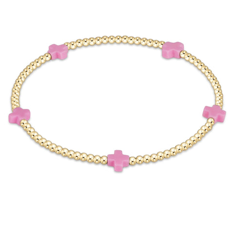 Signature Cross Small Gold Pattern 2mm Bead Bracelet | Bright Pink