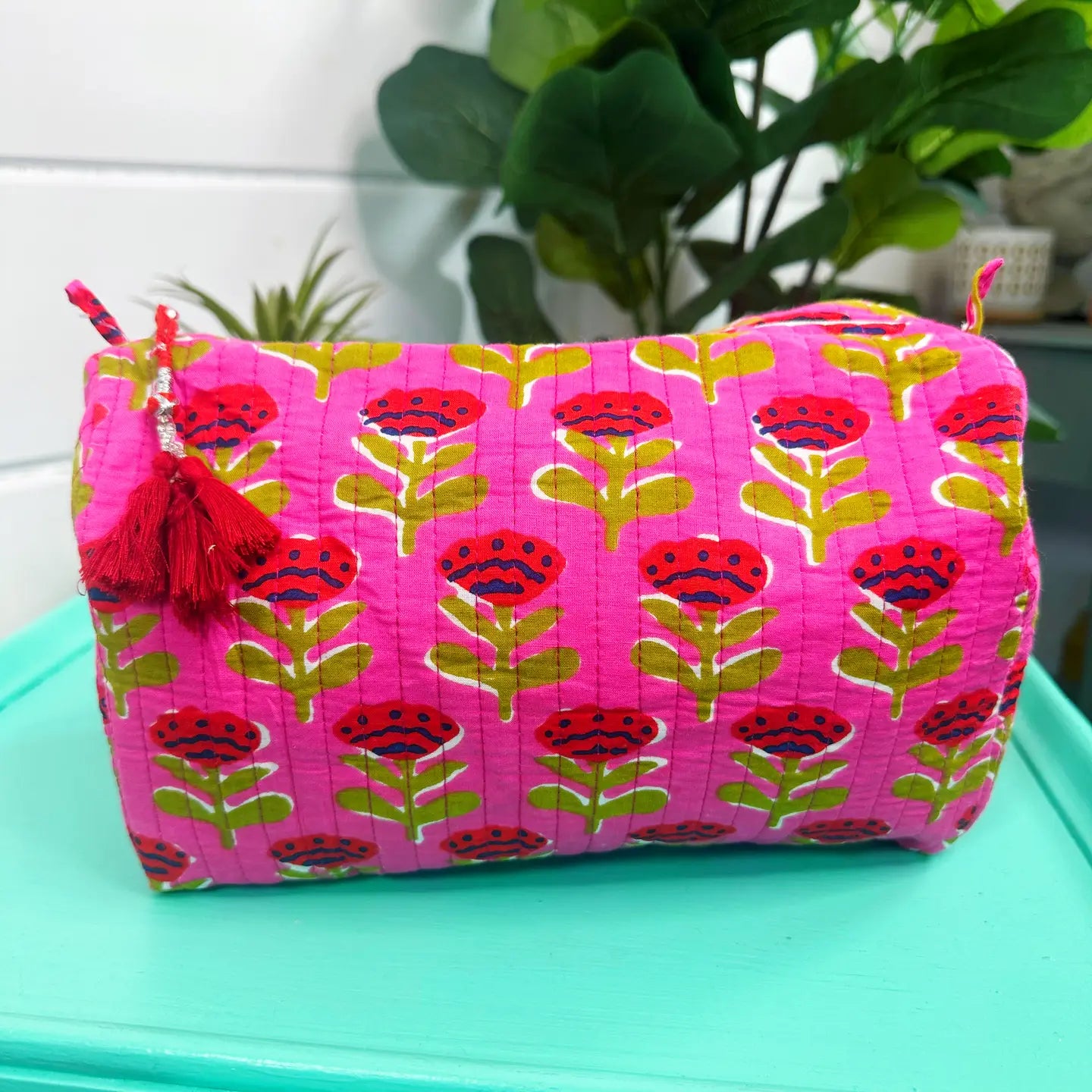 Block Printed Hot Pink Floral Quilted Cosmetic Bag