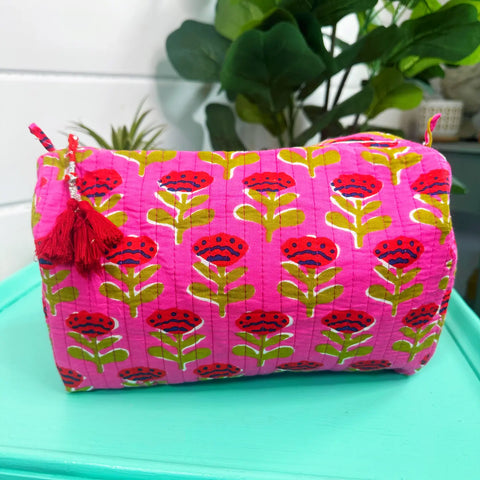 Block Printed Hot Pink Floral Quilted Cosmetic Bag