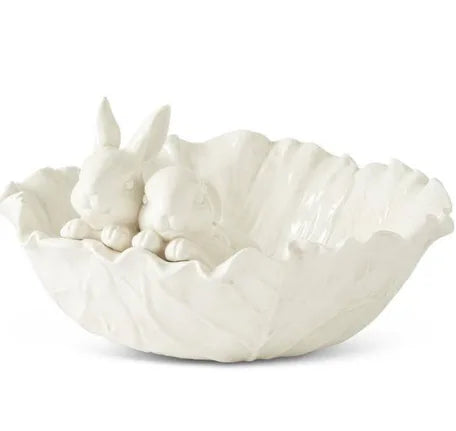 12 Inch Antiqued White Dolomite Cabbage Bowl with Rabbits