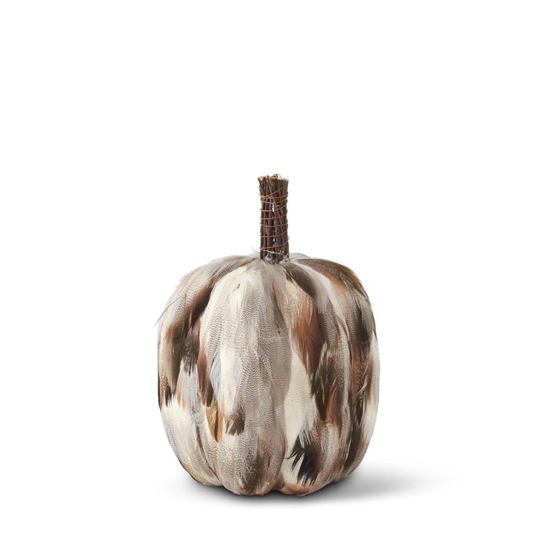 9 Inch Gray & Brown Feather Pumpkin with Twig Stem