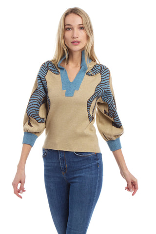Zebra Jacquard Knit Camel/Blue