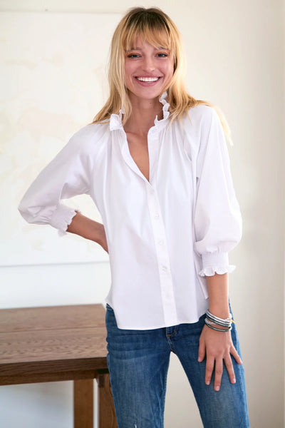 Fiona Ruched White | Poplin Shirt with a Ruffle Neckline and 3/4 Blouson Sleeves