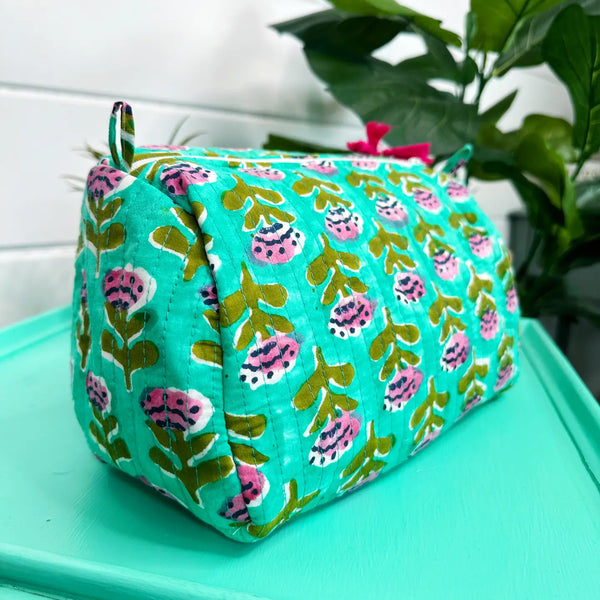 Block Printed Aqua Floral Quilted Cosmetic Bag