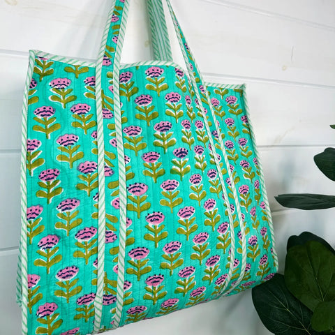 Block Printed Aqua Floral Large Quilted Tote