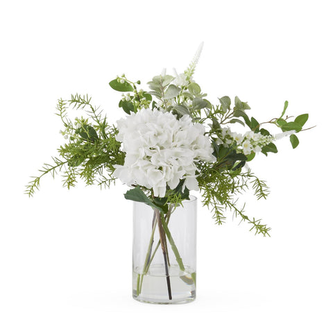28 Inch Real Touch White Hydrangea & Foliage Premade w/Faux Water
