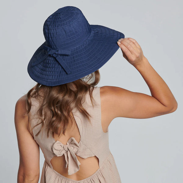 Women's Large Brim Ribbon Hat with a Bow | Denim