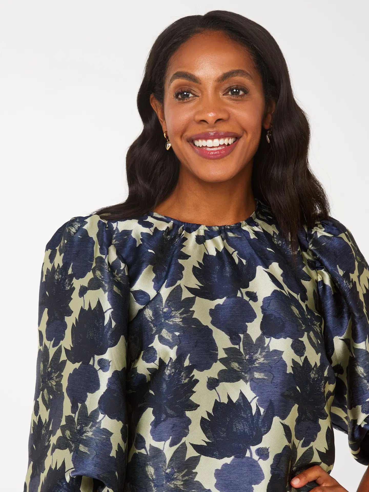 Hadley Top Ivory and Navy Floral Silhouette Jacquard