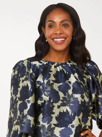 Hadley Top Ivory and Navy Floral Silhouette Jacquard