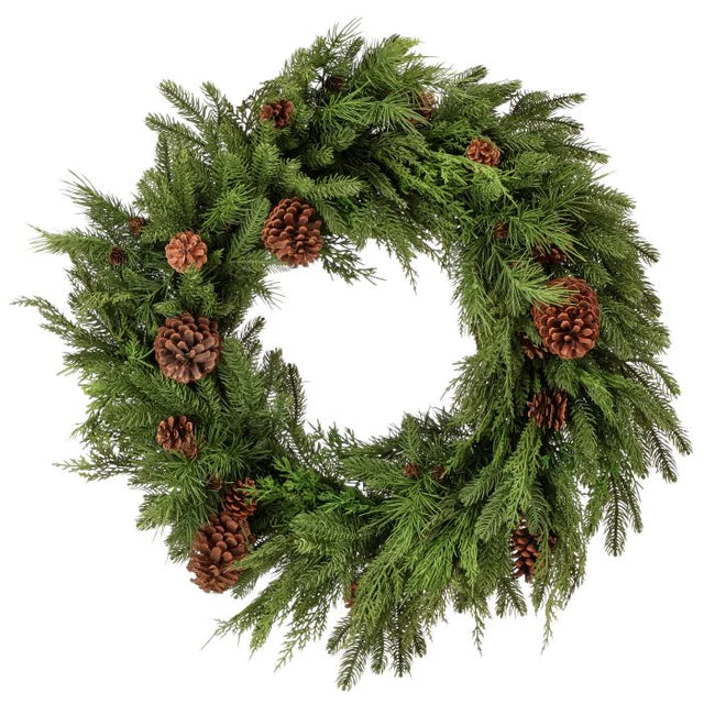 30" Juniper/Cedar Mix Pine/Bayleaf & Cones Wreath