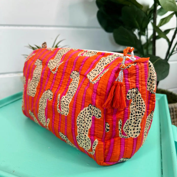 Block Printed Jaguar Quilted Cosmetic Bag