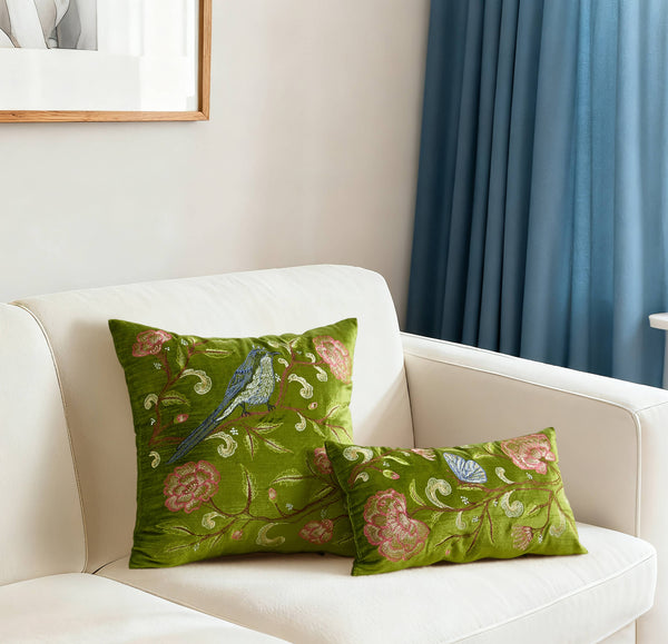 Oriental Bird Embroidered Pillow