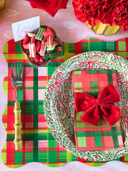 Holiday Plaid Scalloped Rectangle Paper Placemat | Set of 24