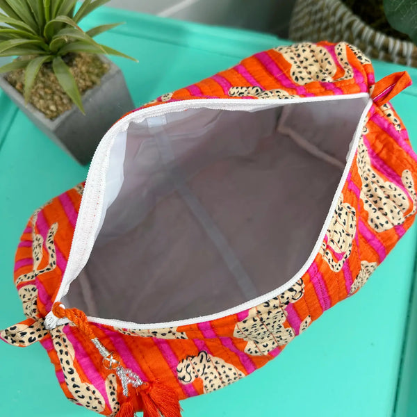 Block Printed Jaguar Quilted Cosmetic Bag