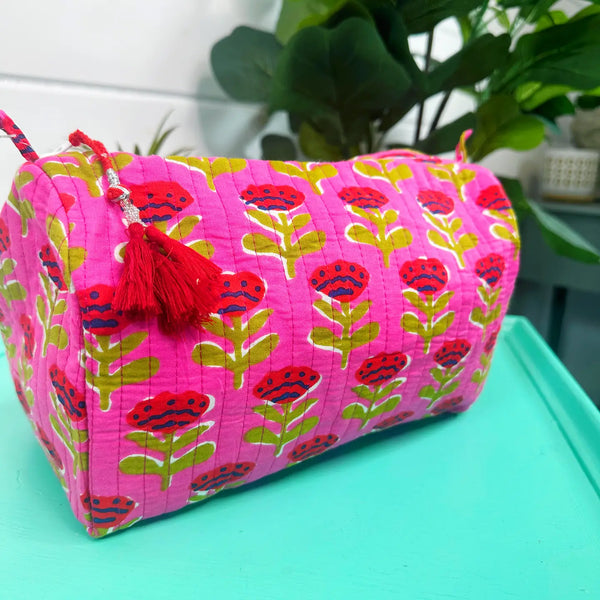 Block Printed Hot Pink Floral Quilted Cosmetic Bag